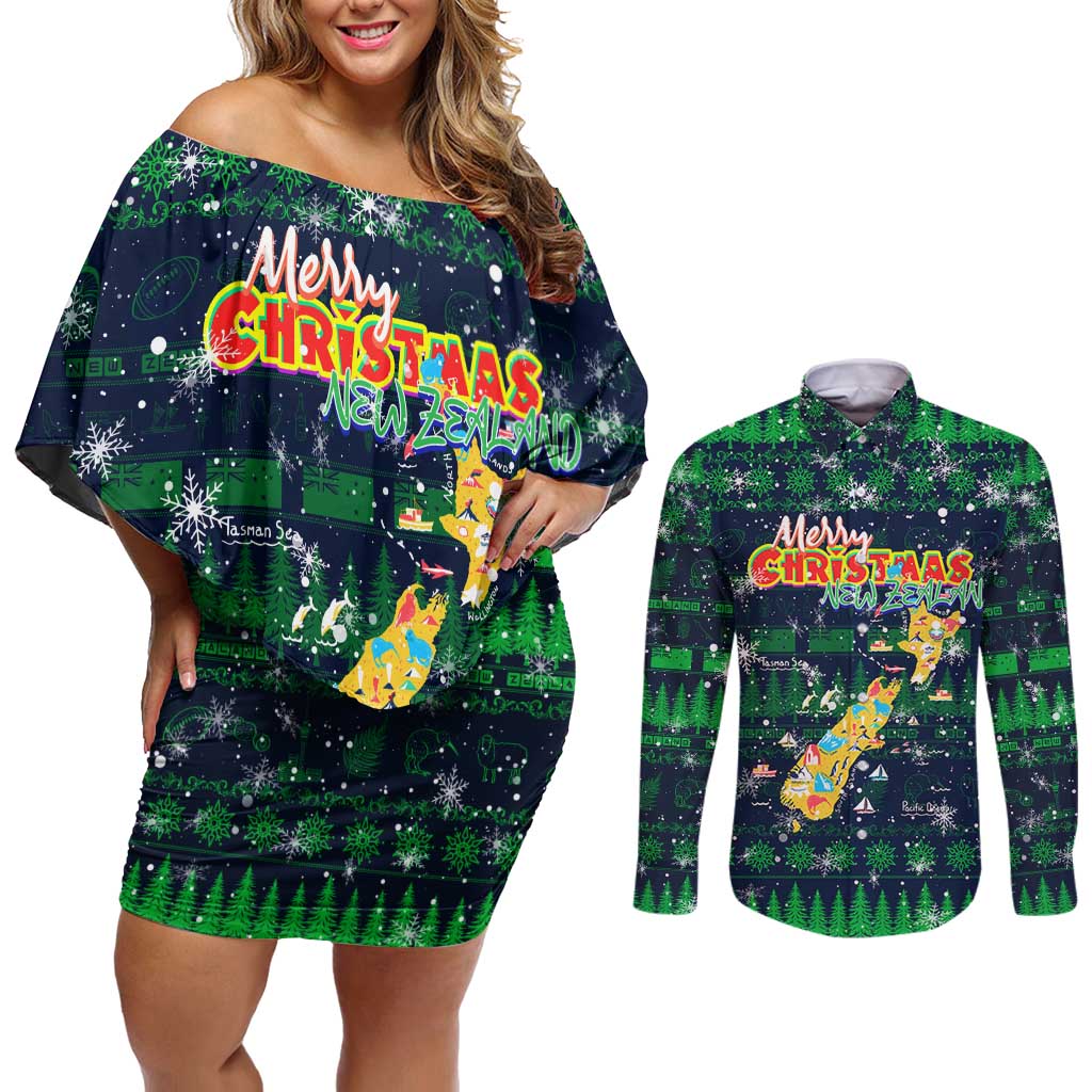 Merry Christmas New Zealand Couples Matching Off Shoulder Short Dress and Long Sleeve Button Shirt Xmas Travel Map - Polynesian Pride