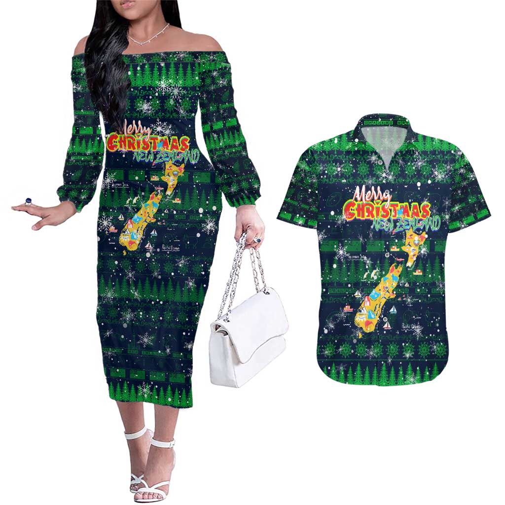 Merry Christmas New Zealand Couples Matching Off The Shoulder Long Sleeve Dress and Hawaiian Shirt Xmas Travel Map - Polynesian Pride