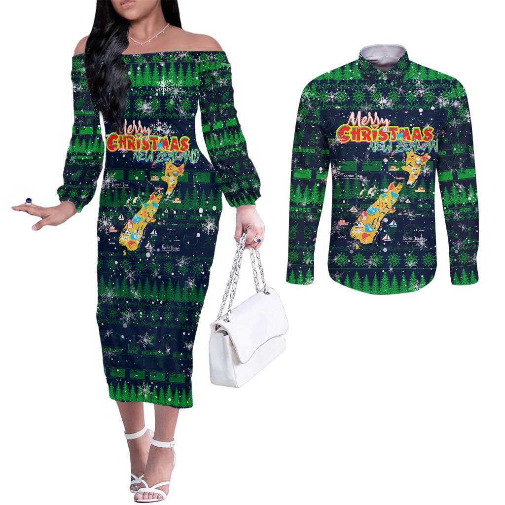 Merry Christmas New Zealand Couples Matching Off The Shoulder Long Sleeve Dress and Long Sleeve Button Shirt Xmas Travel Map - Polynesian Pride