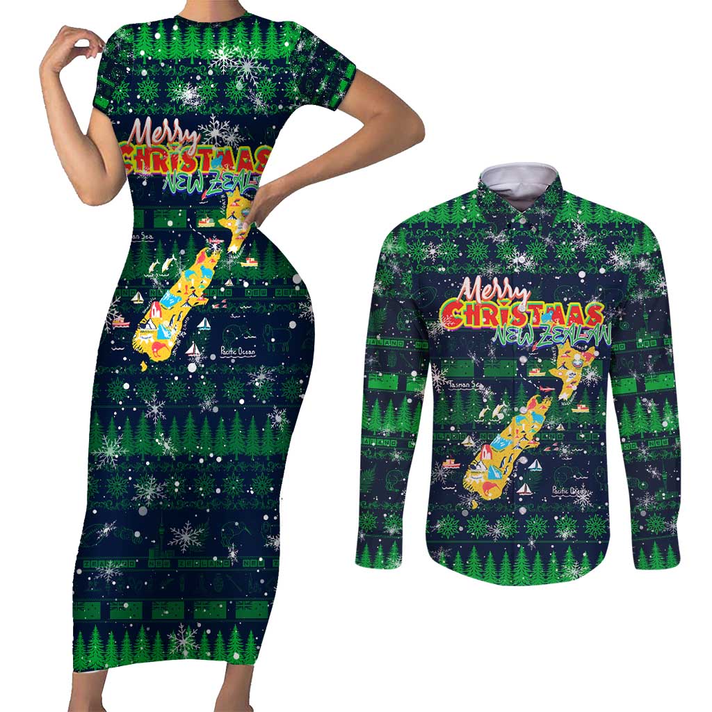 Merry Christmas New Zealand Couples Matching Short Sleeve Bodycon Dress and Long Sleeve Button Shirt Xmas Travel Map - Polynesian Pride