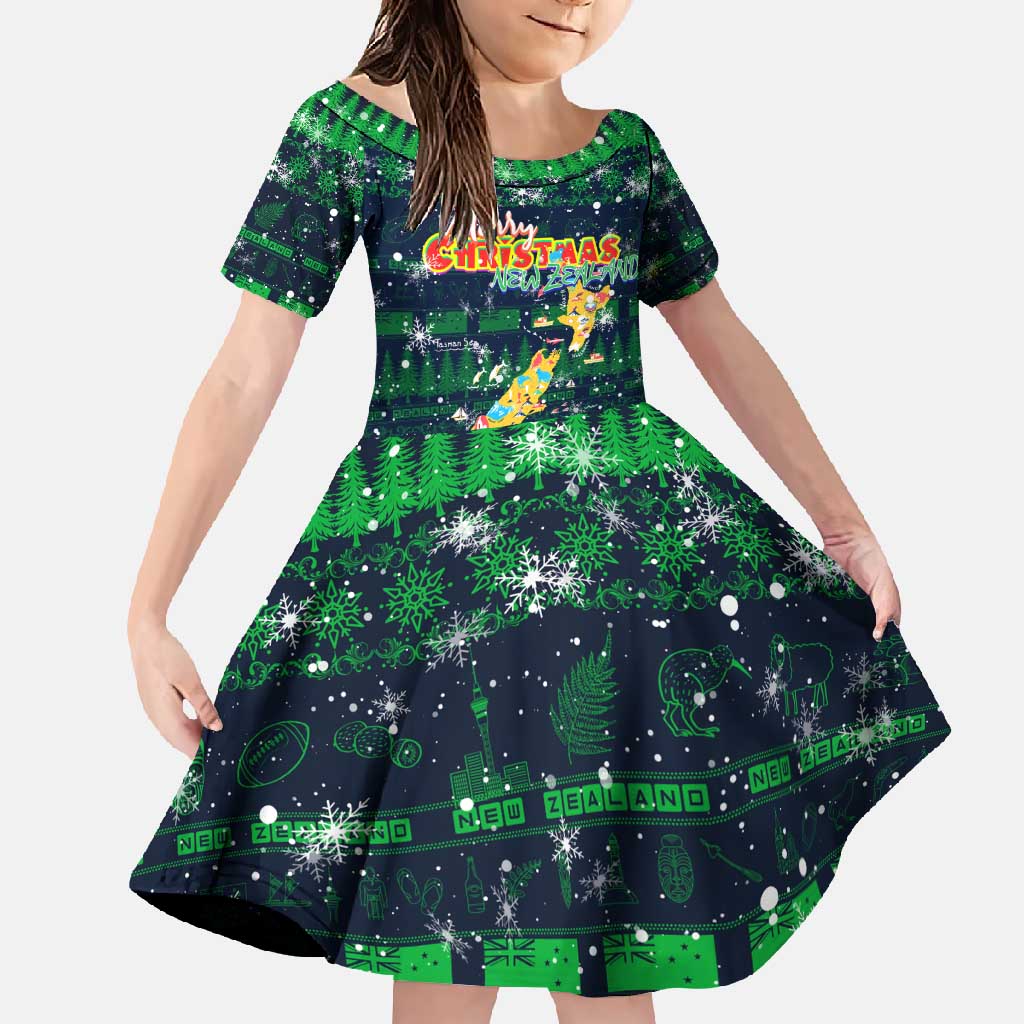 Merry Christmas New Zealand Family Matching Long Sleeve Bodycon Dress and Hawaiian Shirt Xmas Travel Map DT02 Daughter's Dress Blue - Polynesian Pride