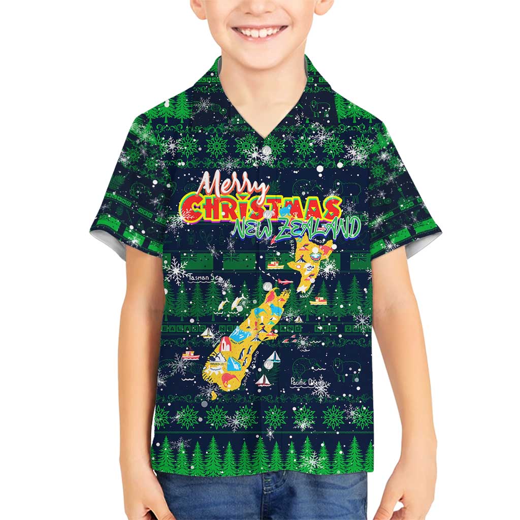 Merry Christmas New Zealand Family Matching Long Sleeve Bodycon Dress and Hawaiian Shirt Xmas Travel Map DT02 Son's Shirt Blue - Polynesian Pride