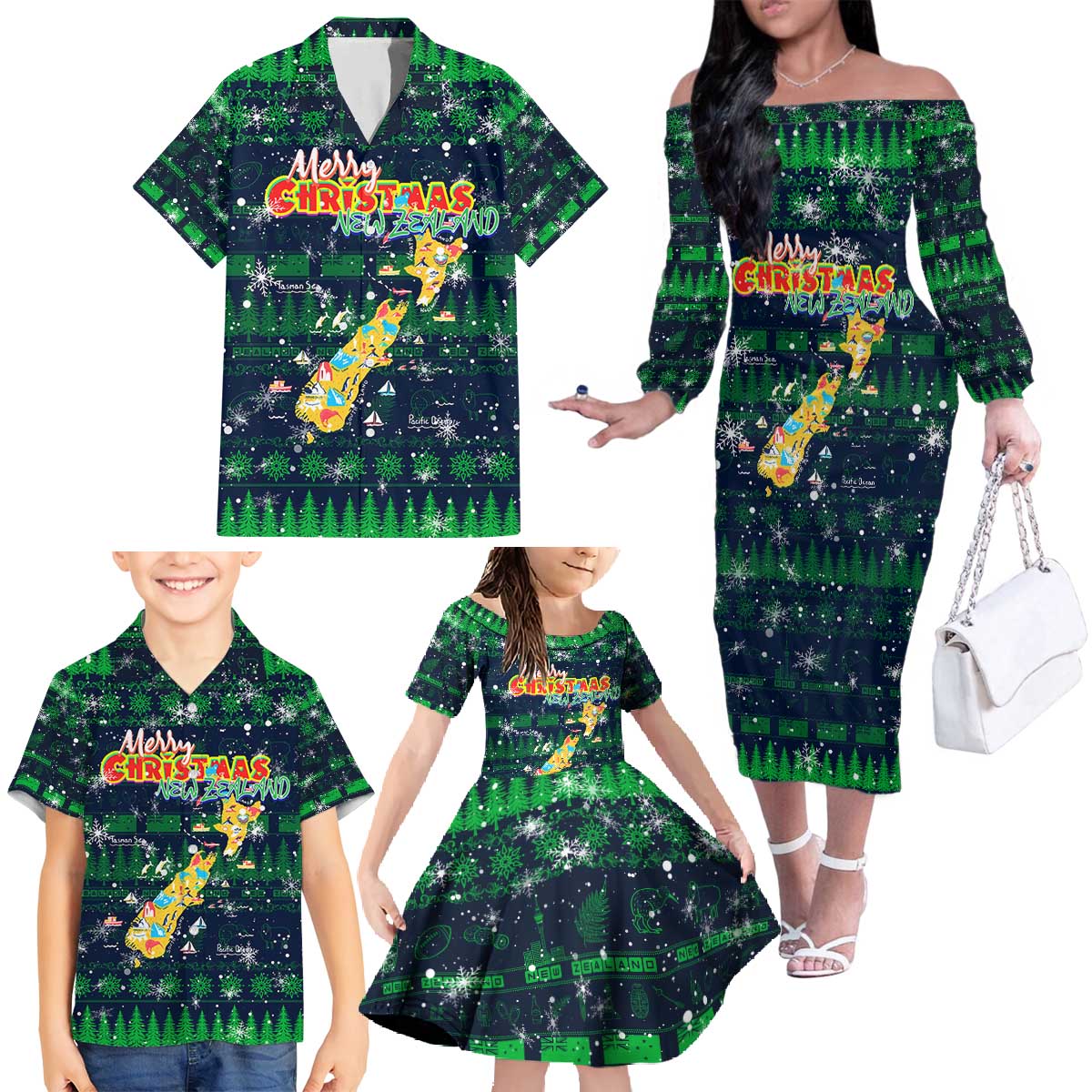 Merry Christmas New Zealand Family Matching Off The Shoulder Long Sleeve Dress and Hawaiian Shirt Xmas Travel Map - Polynesian Pride