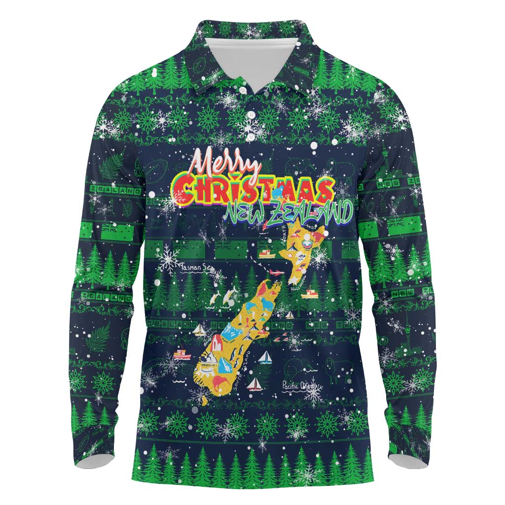 Merry Christmas New Zealand Long Sleeve Polo Shirt Xmas Travel Map - Polynesian Pride
