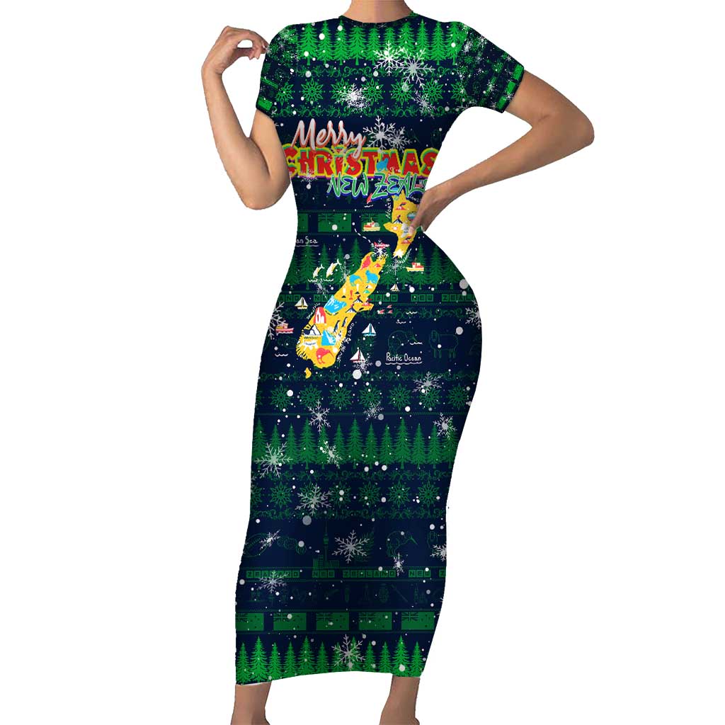 Merry Christmas New Zealand Short Sleeve Bodycon Dress Xmas Travel Map - Polynesian Pride