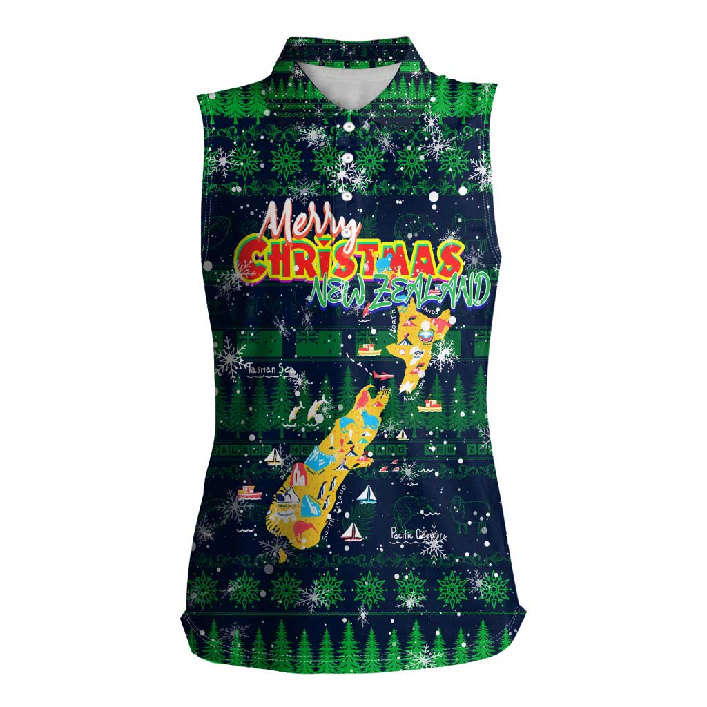Merry Christmas New Zealand Women Sleeveless Polo Shirt Xmas Travel Map - Polynesian Pride