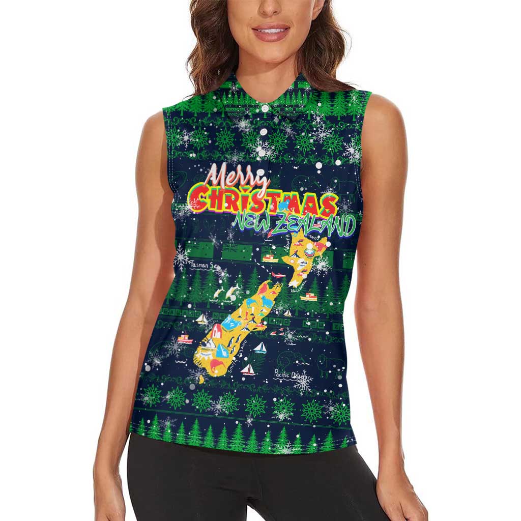 Merry Christmas New Zealand Women Sleeveless Polo Shirt Xmas Travel Map - Polynesian Pride