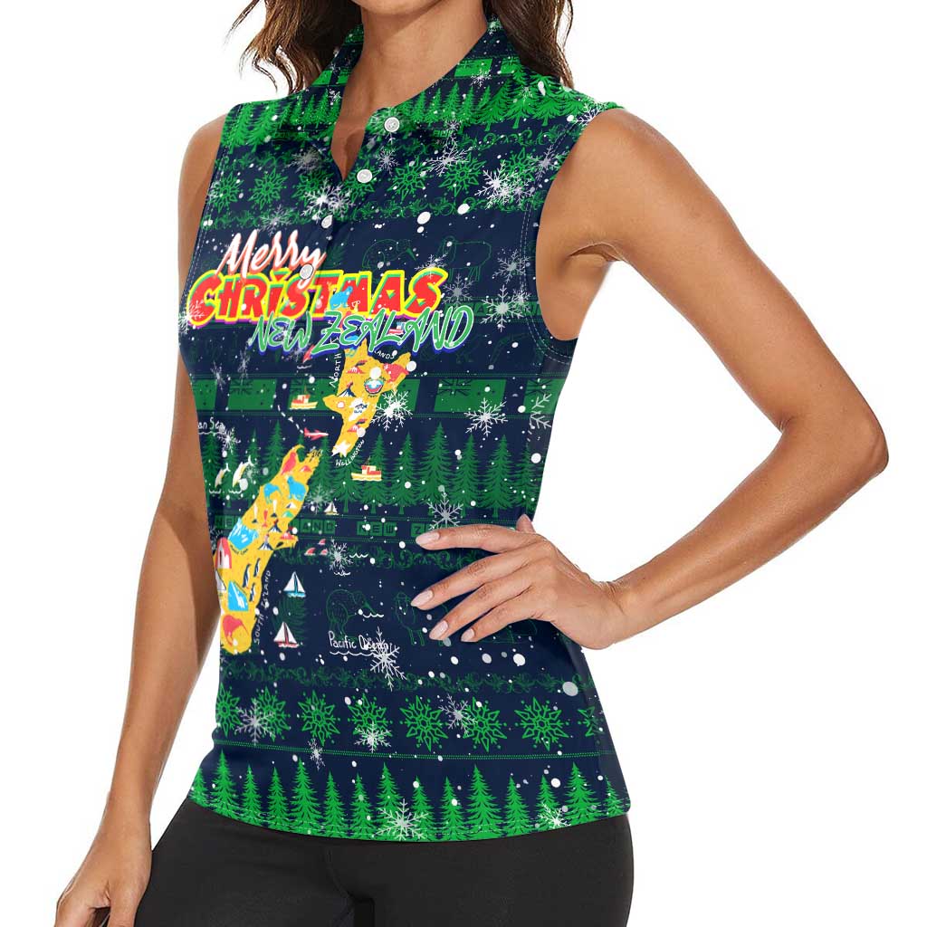 Merry Christmas New Zealand Women Sleeveless Polo Shirt Xmas Travel Map - Polynesian Pride