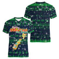 Merry Christmas New Zealand Women V-Neck T-Shirt Xmas Travel Map - Polynesian Pride