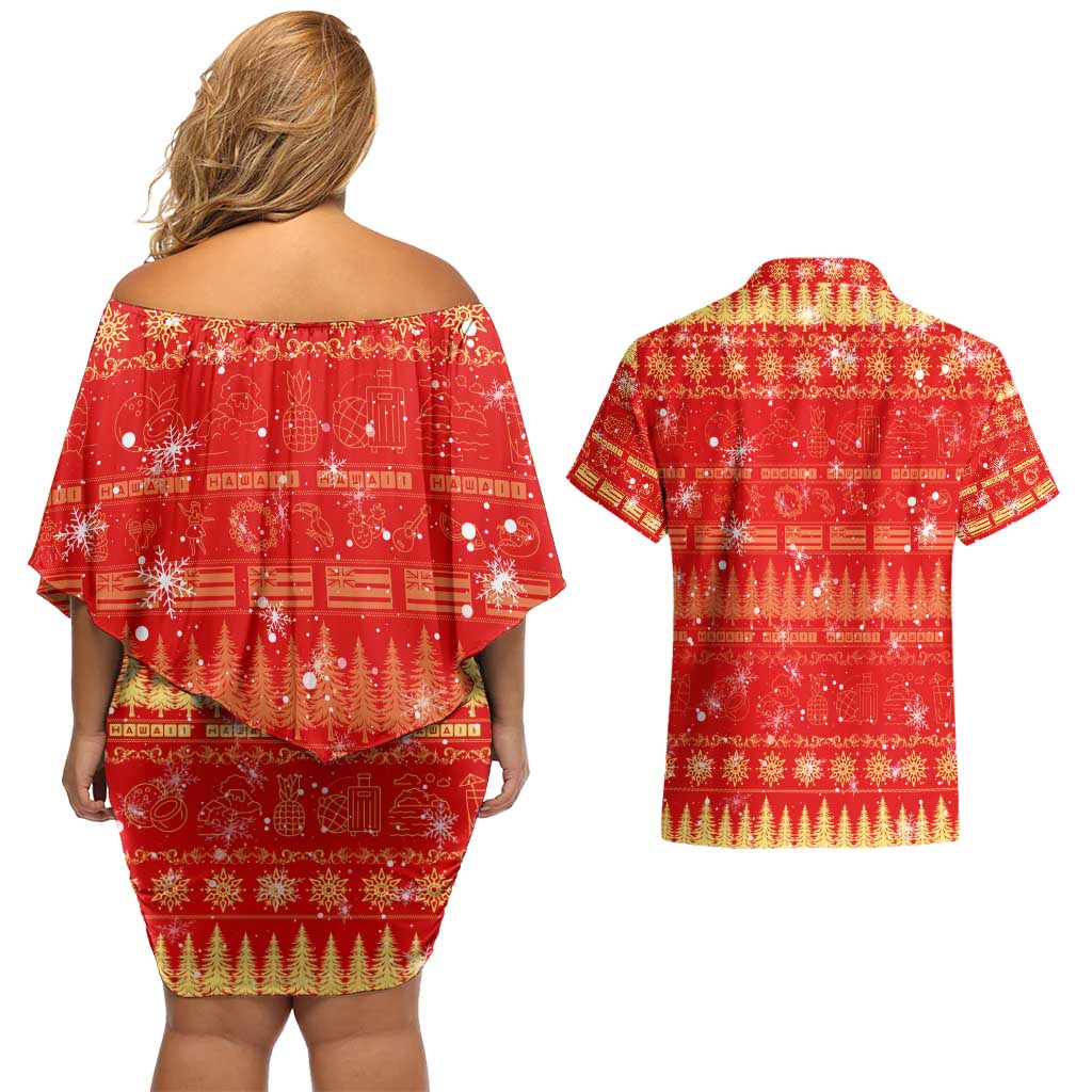 Merry Christmas Hawaii Couples Matching Off Shoulder Short Dress and Hawaiian Shirt Xmas Travel Map - Polynesian Pride