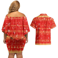 Merry Christmas Hawaii Couples Matching Off Shoulder Short Dress and Hawaiian Shirt Xmas Travel Map - Polynesian Pride