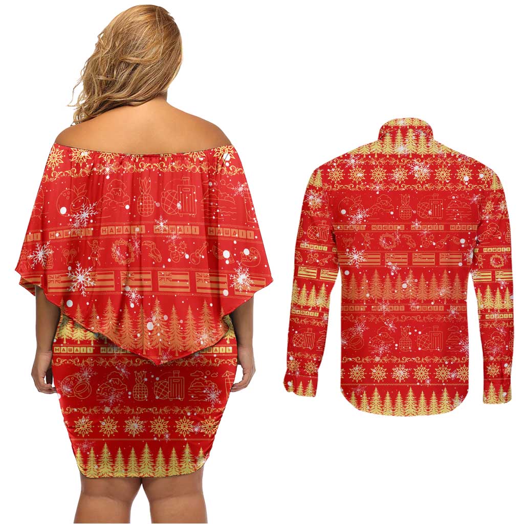 Merry Christmas Hawaii Couples Matching Off Shoulder Short Dress and Long Sleeve Button Shirt Xmas Travel Map - Polynesian Pride