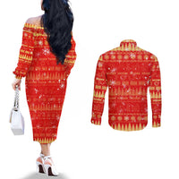 Merry Christmas Hawaii Couples Matching Off The Shoulder Long Sleeve Dress and Long Sleeve Button Shirt Xmas Travel Map - Polynesian Pride