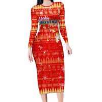 Merry Christmas Hawaii Family Matching Long Sleeve Bodycon Dress and Hawaiian Shirt Xmas Travel Map DT02 Mom's Dress Red - Polynesian Pride
