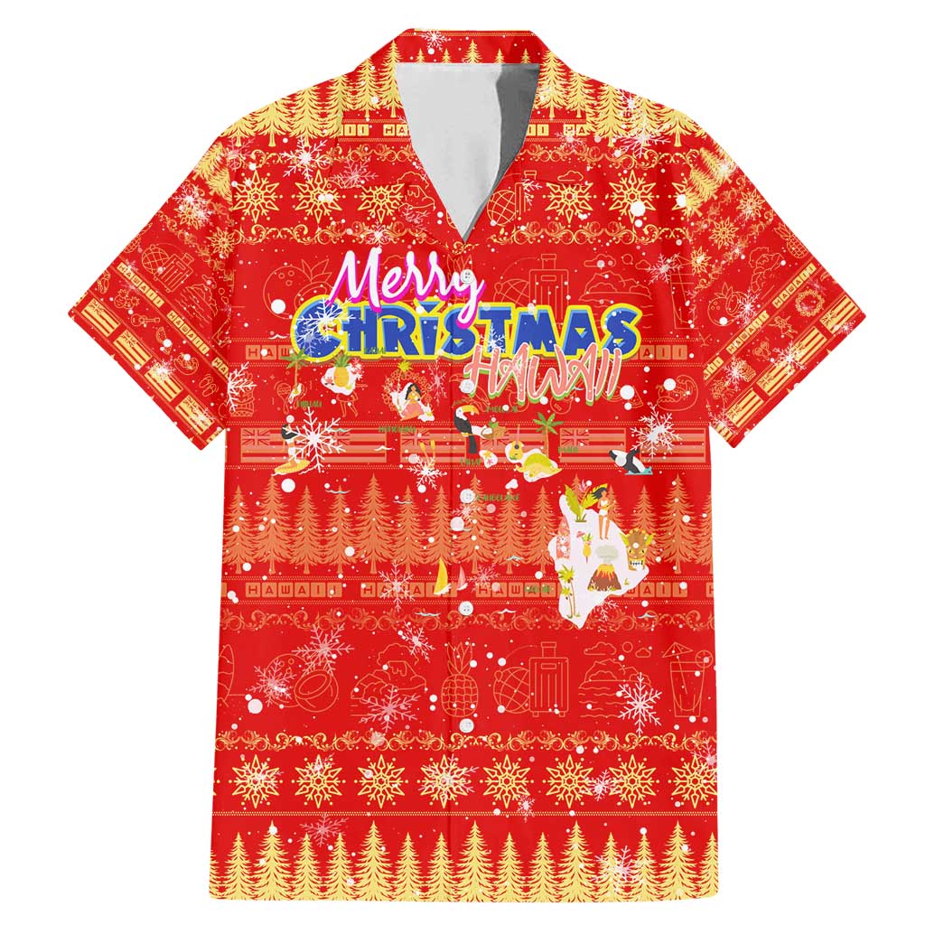 Merry Christmas Hawaii Family Matching Mermaid Dress and Hawaiian Shirt Xmas Travel Map DT02 Dad's Shirt - Short Sleeve Red - Polynesian Pride