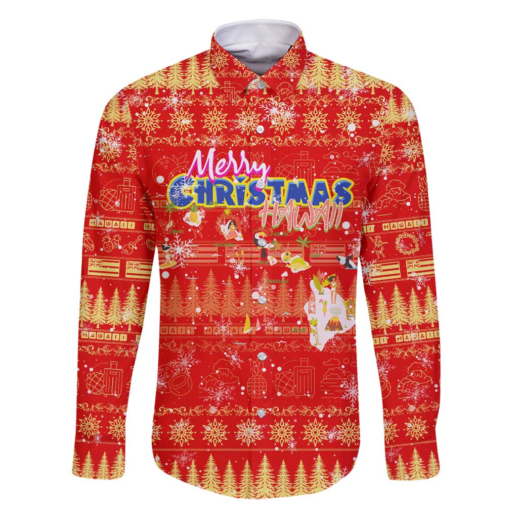 Merry Christmas Hawaii Family Matching Mermaid Dress and Hawaiian Shirt Xmas Travel Map DT02 Dad's Shirt - Long Sleeve Red - Polynesian Pride