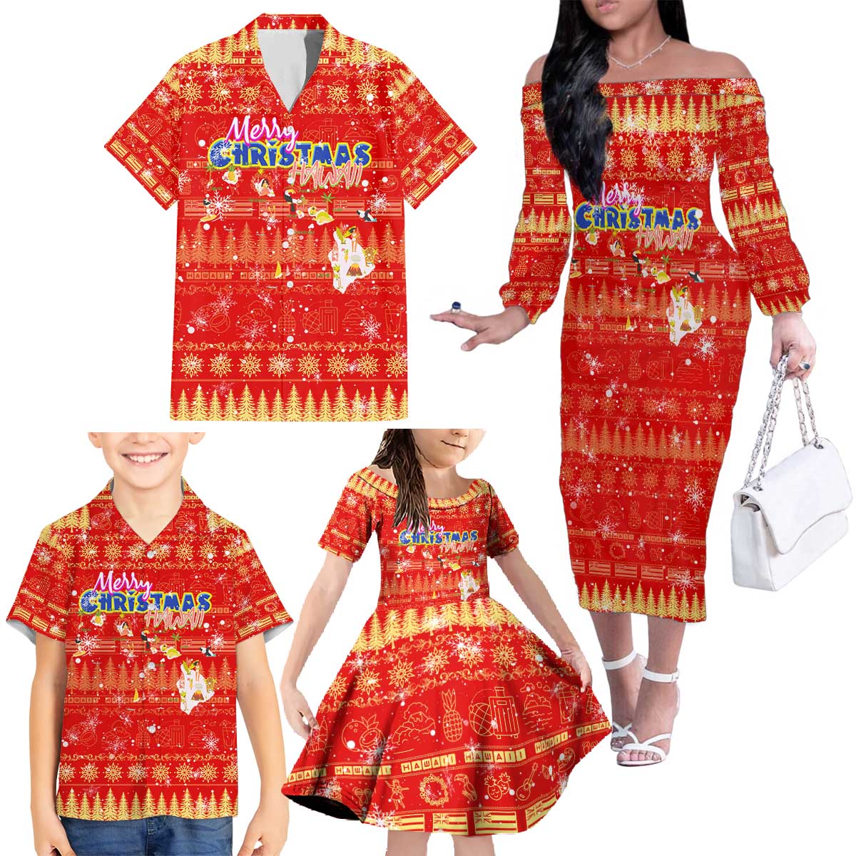 Merry Christmas Hawaii Family Matching Off The Shoulder Long Sleeve Dress and Hawaiian Shirt Xmas Travel Map - Polynesian Pride