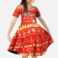 Merry Christmas Hawaii Family Matching Puletasi and Hawaiian Shirt Xmas Travel Map DT02 Daughter's Dress Red - Polynesian Pride