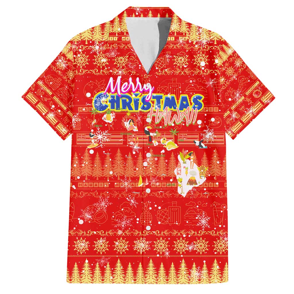 Merry Christmas Hawaii Family Matching Puletasi and Hawaiian Shirt Xmas Travel Map DT02 Dad's Shirt - Short Sleeve Red - Polynesian Pride