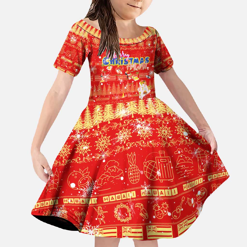 Merry Christmas Hawaii Family Matching Summer Maxi Dress and Hawaiian Shirt Xmas Travel Map DT02 Daughter's Dress Red - Polynesian Pride
