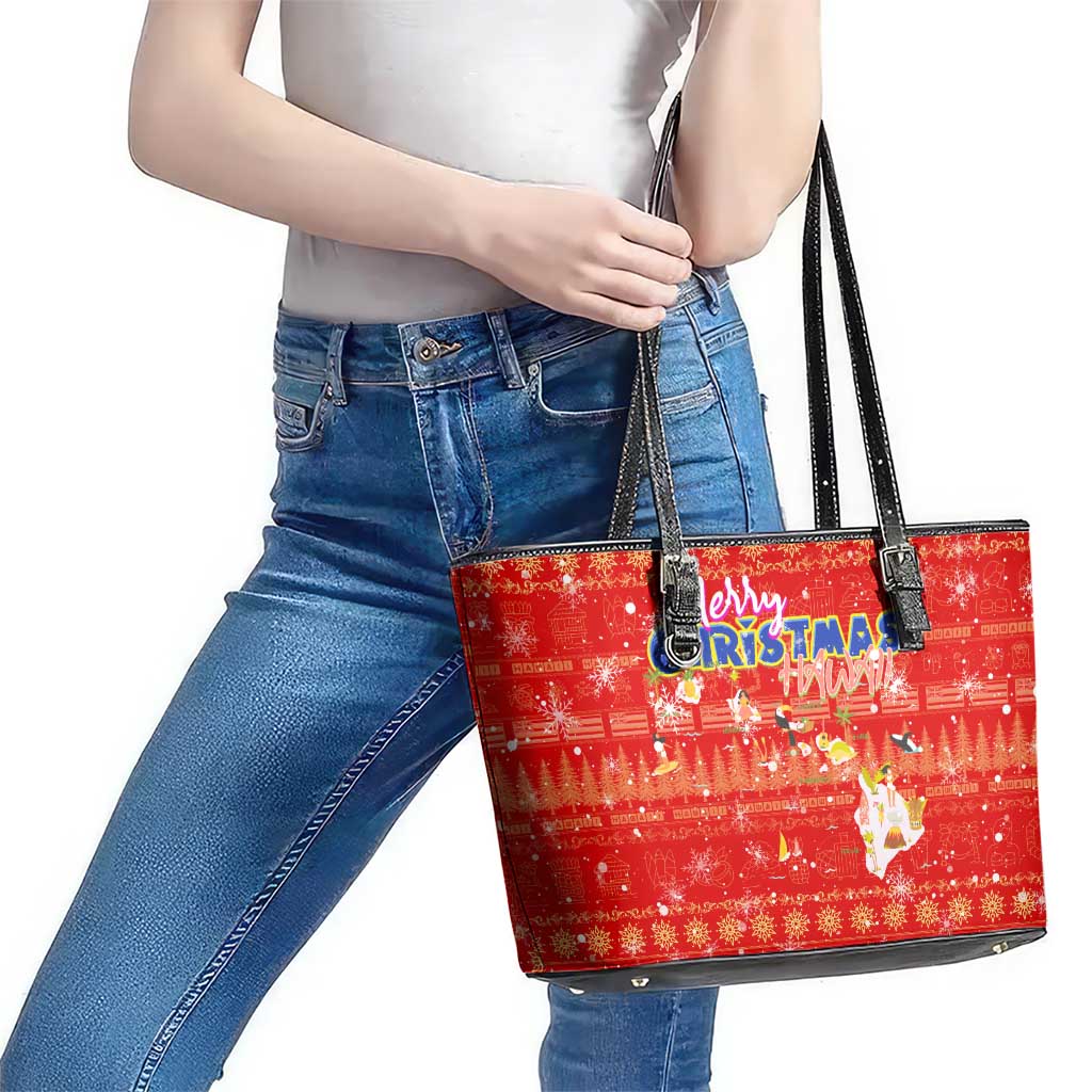 Merry Christmas Hawaii Leather Tote Bag Xmas Travel Map - Polynesian Pride