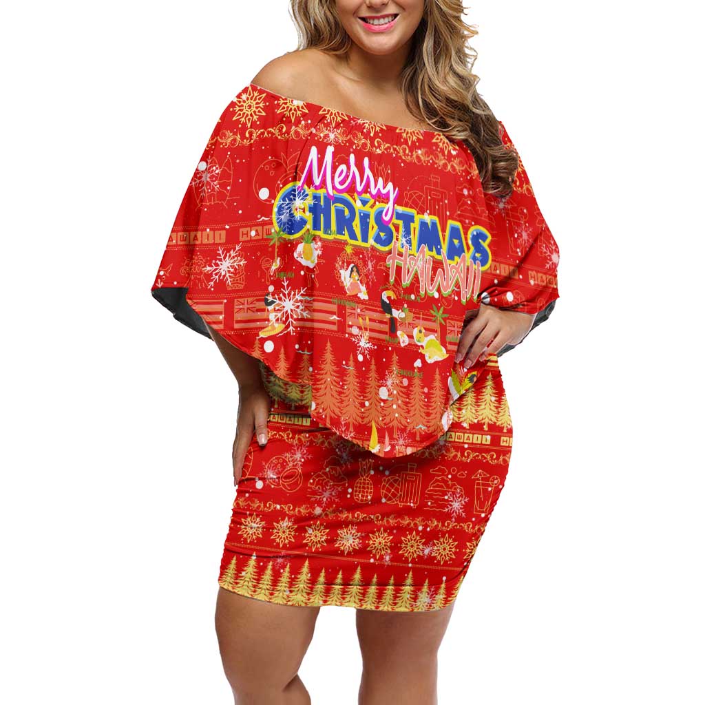 Merry Christmas Hawaii Off Shoulder Short Dress Xmas Travel Map - Polynesian Pride
