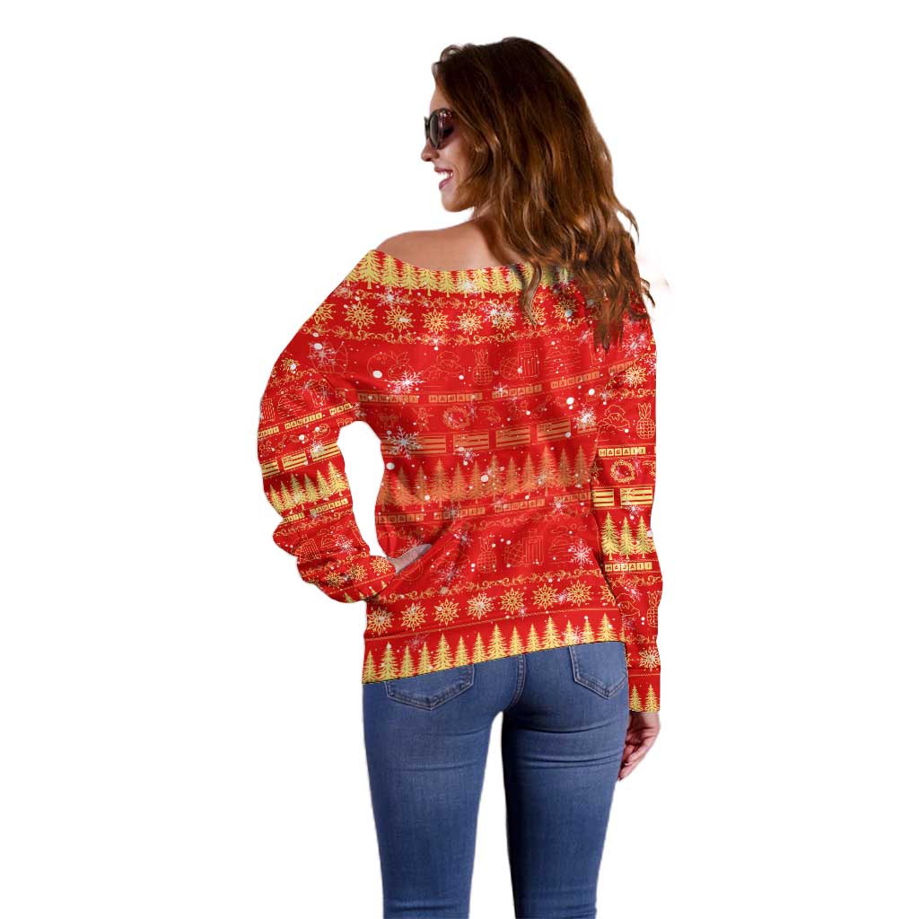 Merry Christmas Hawaii Off Shoulder Sweater Xmas Travel Map - Polynesian Pride
