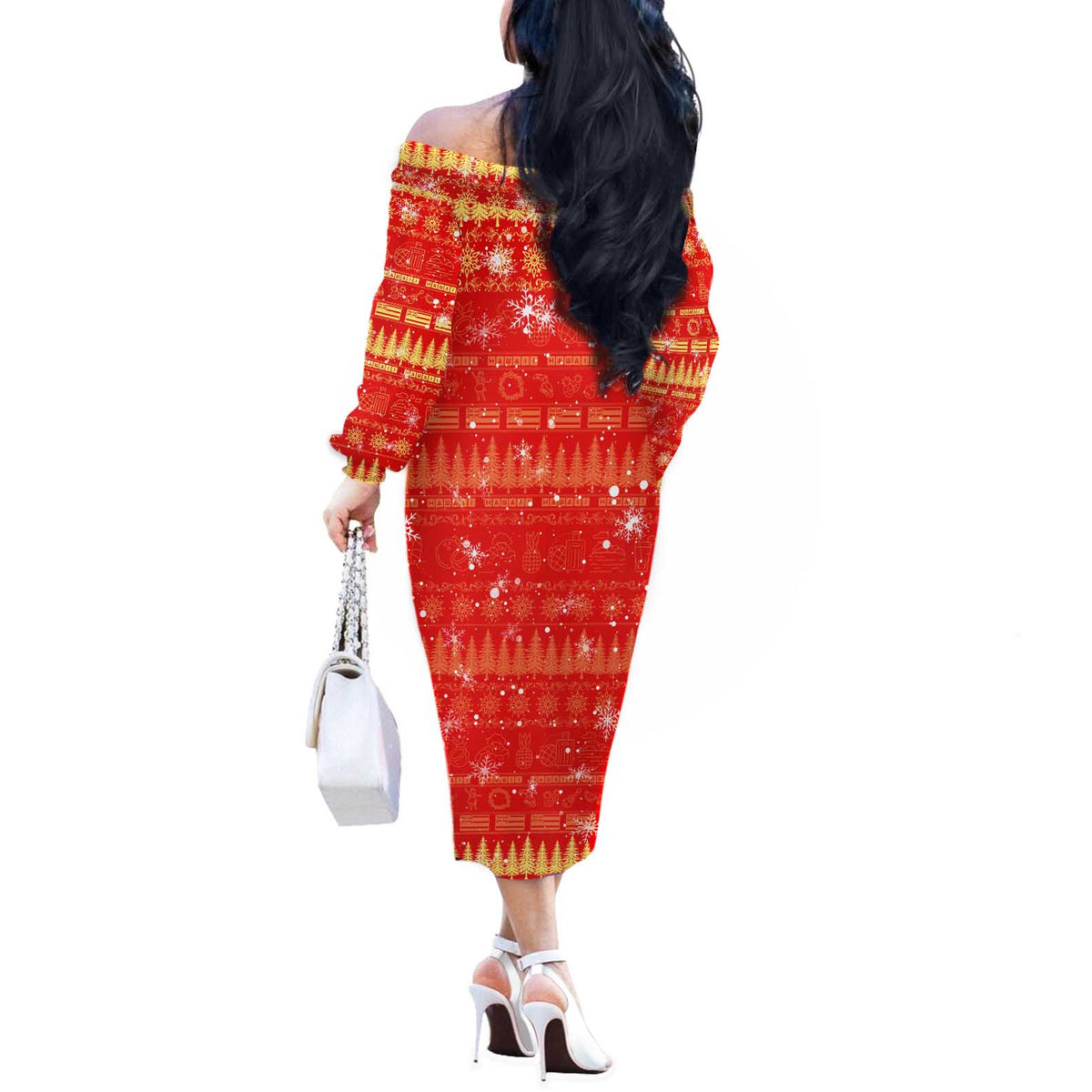 Merry Christmas Hawaii Off The Shoulder Long Sleeve Dress Xmas Travel Map - Polynesian Pride