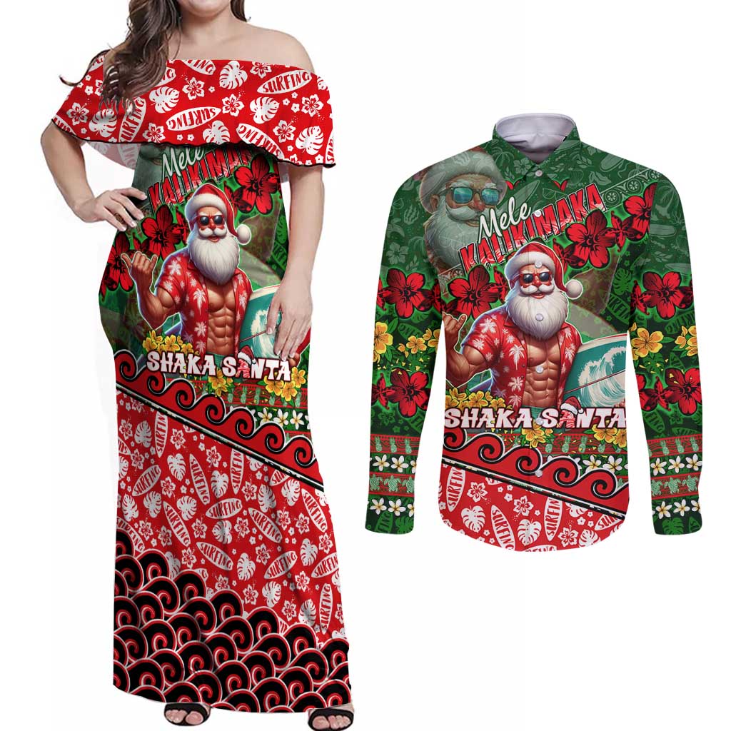 Mele Kalikimaka Shaka Santa Couples Matching Off Shoulder Maxi Dress and Long Sleeve Button Shirt Hawaiian Surf Christmas Design with Aloha Spirit DT02 Green - Polynesian Pride