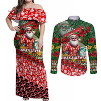 Mele Kalikimaka Shaka Santa Couples Matching Off Shoulder Maxi Dress and Long Sleeve Button Shirt Hawaiian Surf Christmas Design with Aloha Spirit DT02 Green - Polynesian Pride