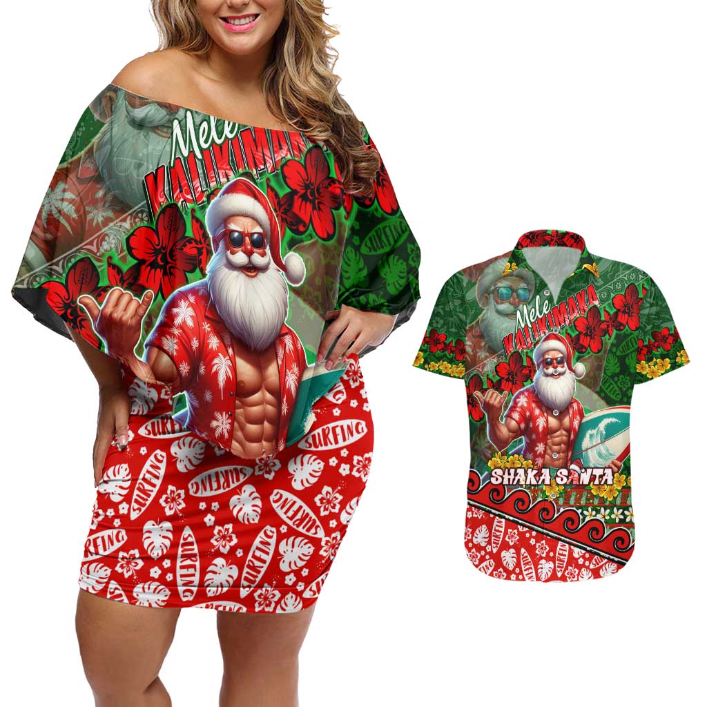 Mele Kalikimaka Shaka Santa Couples Matching Off Shoulder Short Dress and Hawaiian Shirt Hawaiian Surf Christmas Design with Aloha Spirit DT02 Green - Polynesian Pride