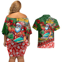 Mele Kalikimaka Shaka Santa Couples Matching Off Shoulder Short Dress and Hawaiian Shirt Hawaiian Surf Christmas Design with Aloha Spirit DT02 - Polynesian Pride