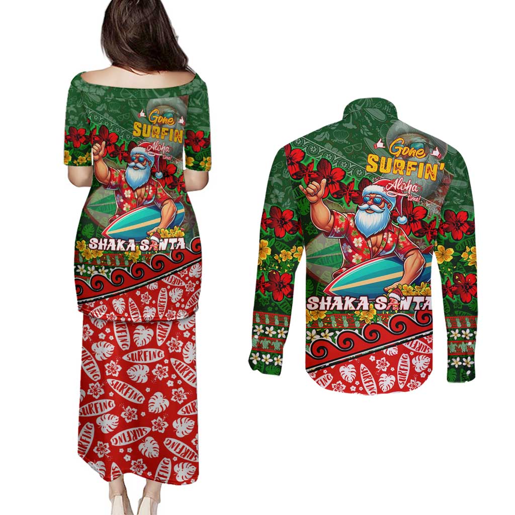 Mele Kalikimaka Shaka Santa Couples Matching Puletasi and Long Sleeve Button Shirt Hawaiian Surf Christmas Design with Aloha Spirit - Polynesian Pride