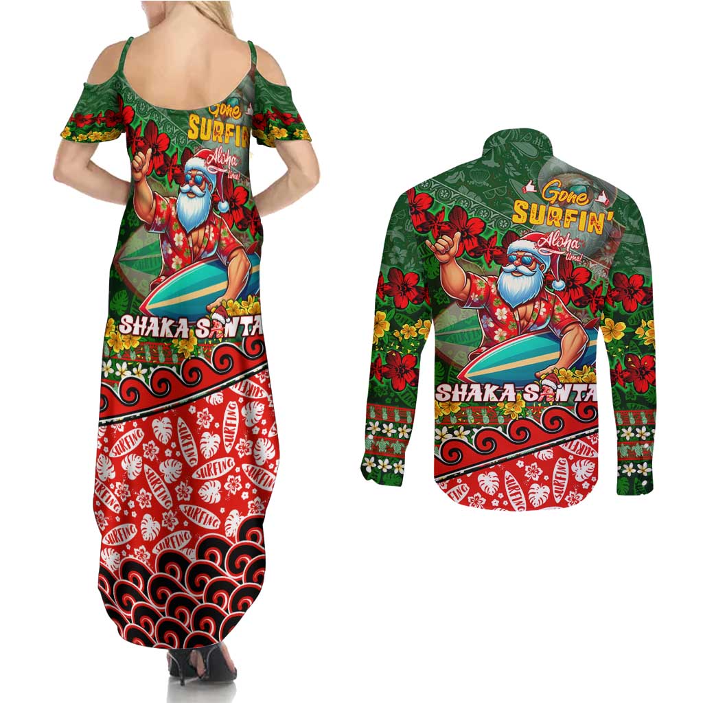 Mele Kalikimaka Shaka Santa Couples Matching Summer Maxi Dress and Long Sleeve Button Shirt Hawaiian Surf Christmas Design with Aloha Spirit - Polynesian Pride