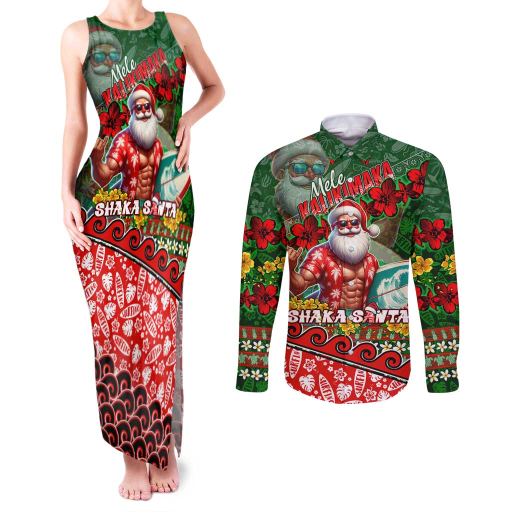 Mele Kalikimaka Shaka Santa Couples Matching Tank Maxi Dress and Long Sleeve Button Shirt Hawaiian Surf Christmas Design with Aloha Spirit - Polynesian Pride