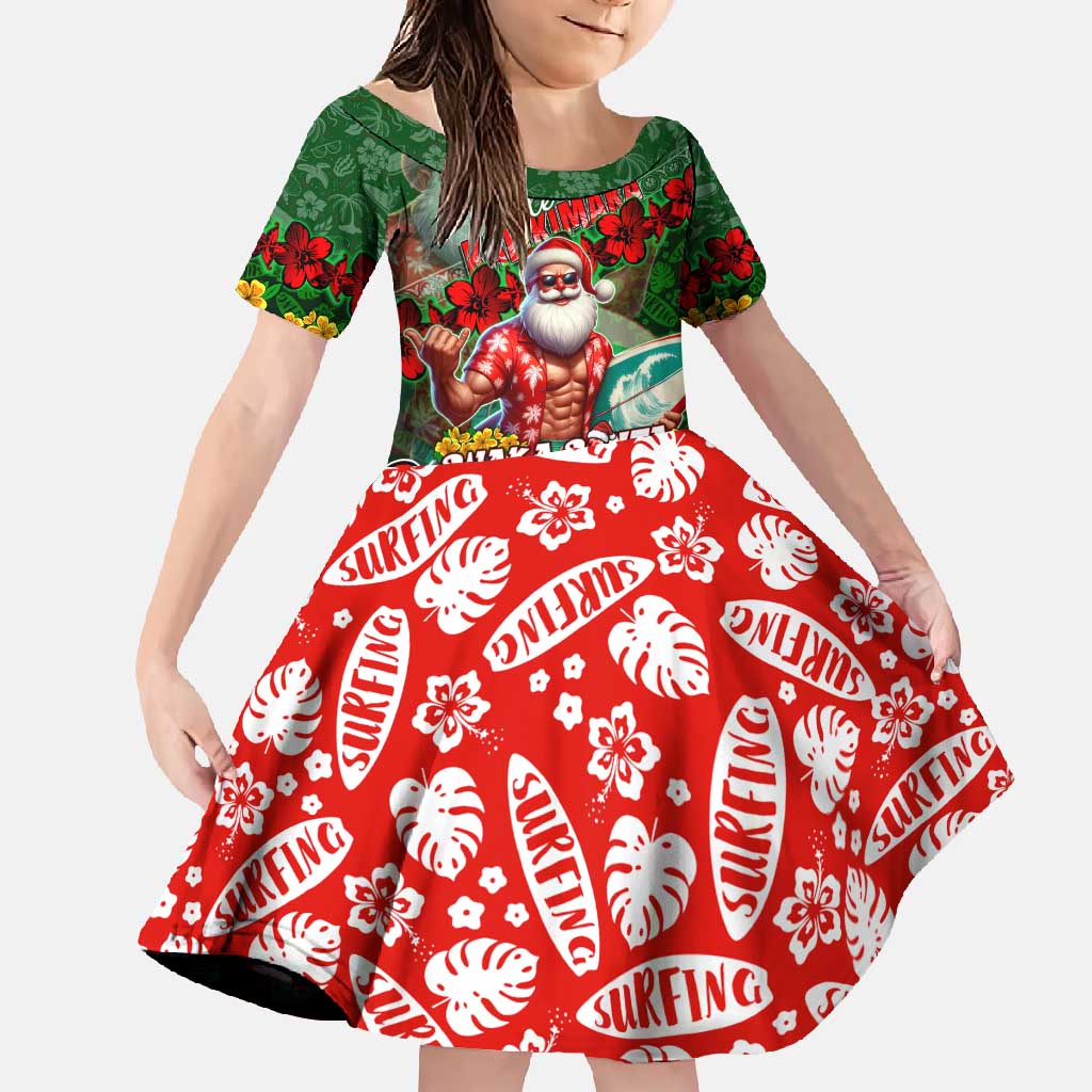 Mele Kalikimaka Shaka Santa Family Matching Mermaid Dress and Hawaiian Shirt Hawaiian Surf Christmas Design with Aloha Spirit DT02 Daughter's Dress Green - Polynesian Pride