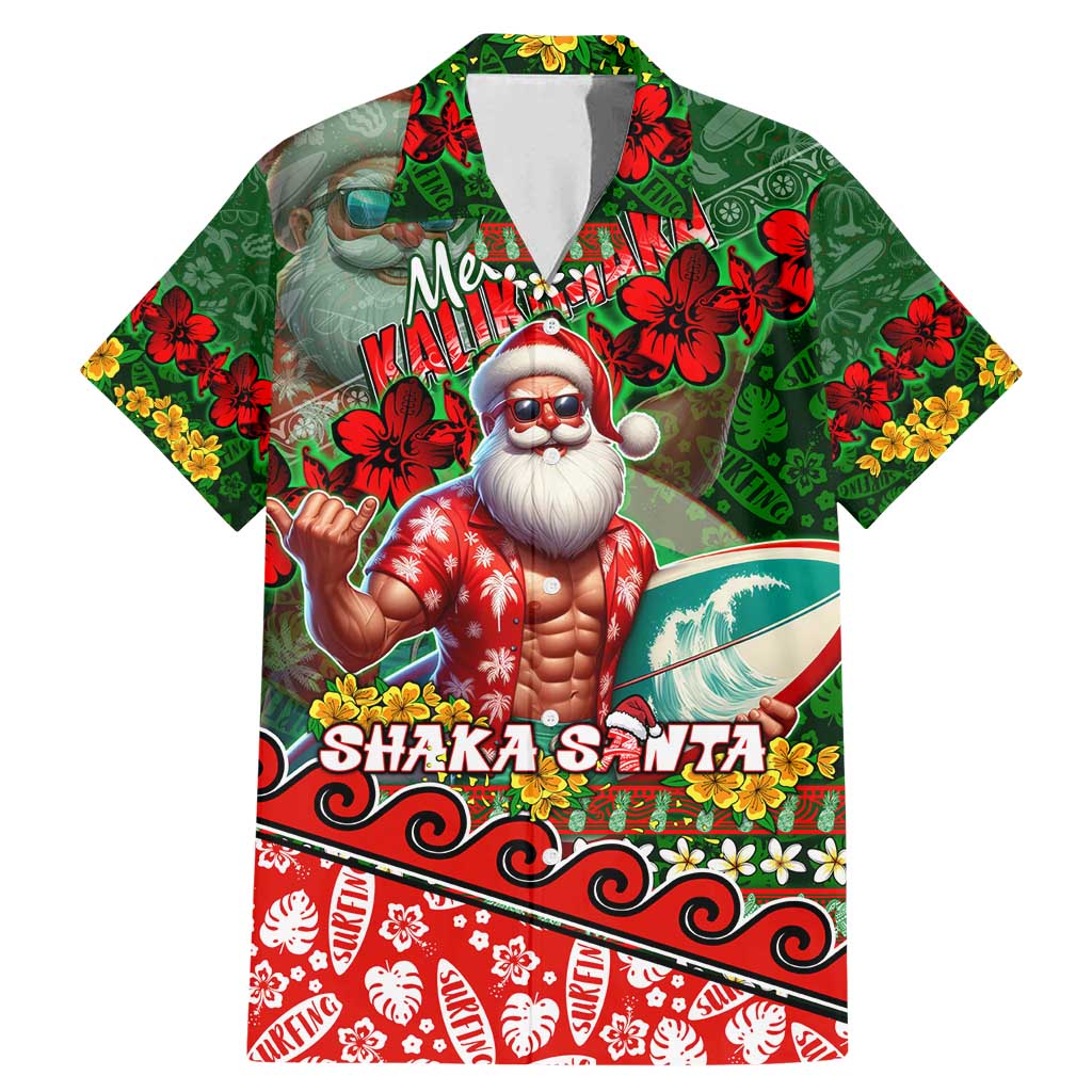 Mele Kalikimaka Shaka Santa Family Matching Mermaid Dress and Hawaiian Shirt Hawaiian Surf Christmas Design with Aloha Spirit DT02 Dad's Shirt - Short Sleeve Green - Polynesian Pride