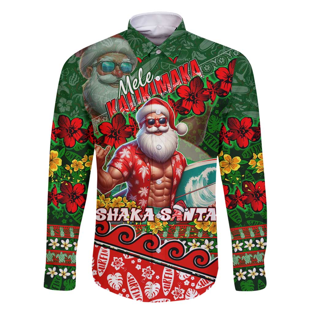 Mele Kalikimaka Shaka Santa Family Matching Mermaid Dress and Hawaiian Shirt Hawaiian Surf Christmas Design with Aloha Spirit DT02 Dad's Shirt - Long Sleeve Green - Polynesian Pride