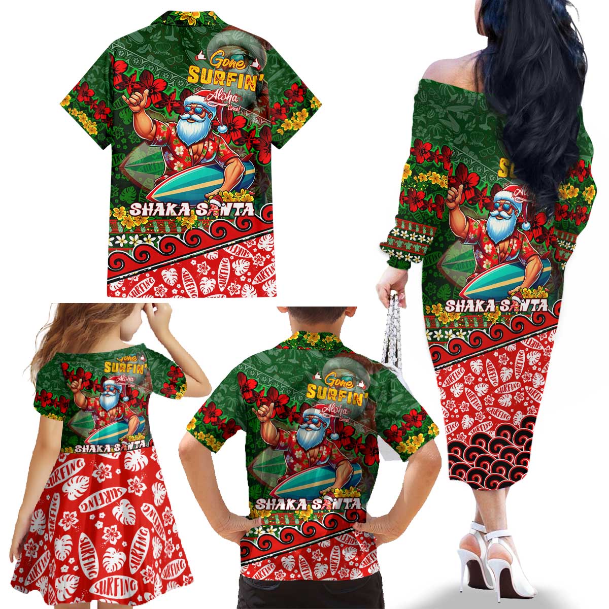 Mele Kalikimaka Shaka Santa Family Matching Off The Shoulder Long Sleeve Dress and Hawaiian Shirt Hawaiian Surf Christmas Design with Aloha Spirit - Polynesian Pride