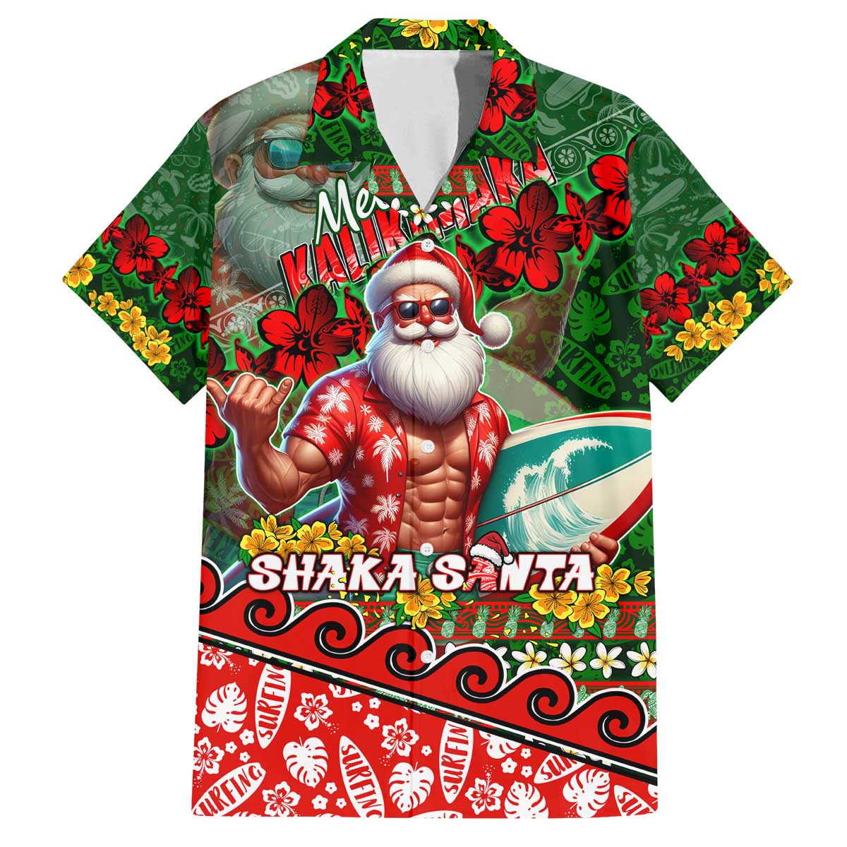 Mele Kalikimaka Shaka Santa Family Matching Off The Shoulder Long Sleeve Dress and Hawaiian Shirt Hawaiian Surf Christmas Design with Aloha Spirit - Polynesian Pride