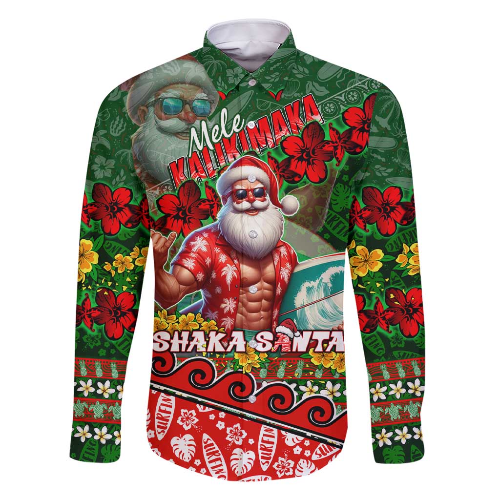 Mele Kalikimaka Shaka Santa Family Matching Short Sleeve Bodycon Dress and Hawaiian Shirt Hawaiian Surf Christmas Design with Aloha Spirit DT02 Dad's Shirt - Long Sleeve Green - Polynesian Pride