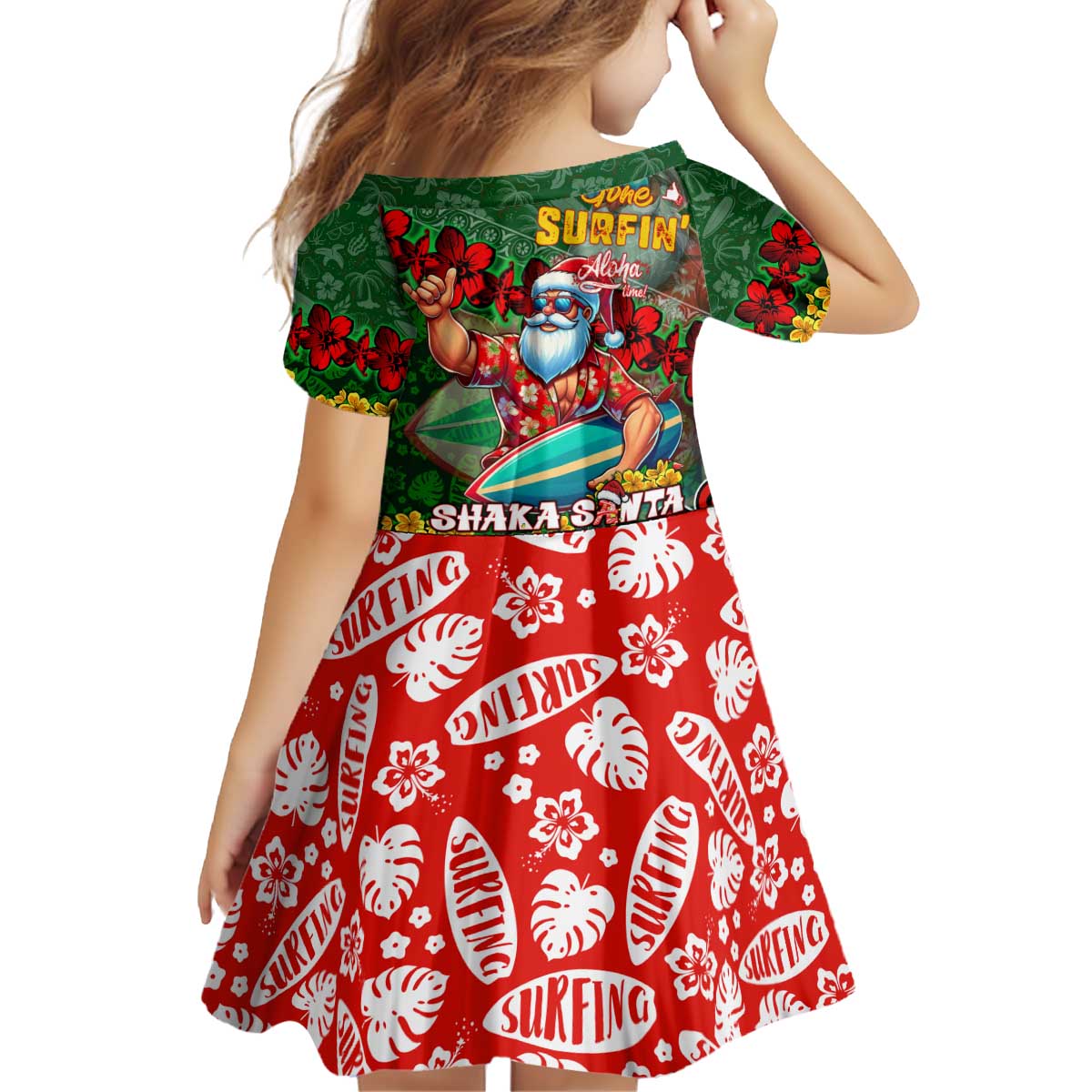 Mele Kalikimaka Shaka Santa Kid Short Sleeve Dress Hawaiian Surf Christmas Design with Aloha Spirit - Polynesian Pride