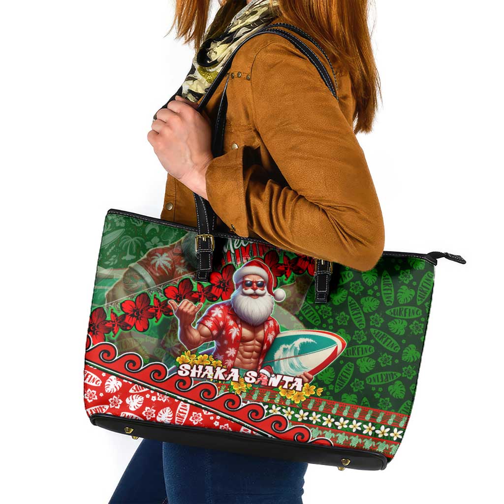 Mele Kalikimaka Shaka Santa Leather Tote Bag Hawaiian Surf Christmas Design with Aloha Spirit - Polynesian Pride