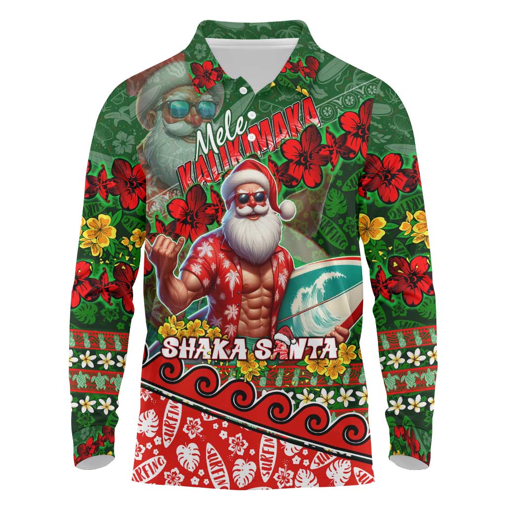 Mele Kalikimaka Shaka Santa Long Sleeve Polo Shirt Hawaiian Surf Christmas Design with Aloha Spirit DT02 Green - Polynesian Pride