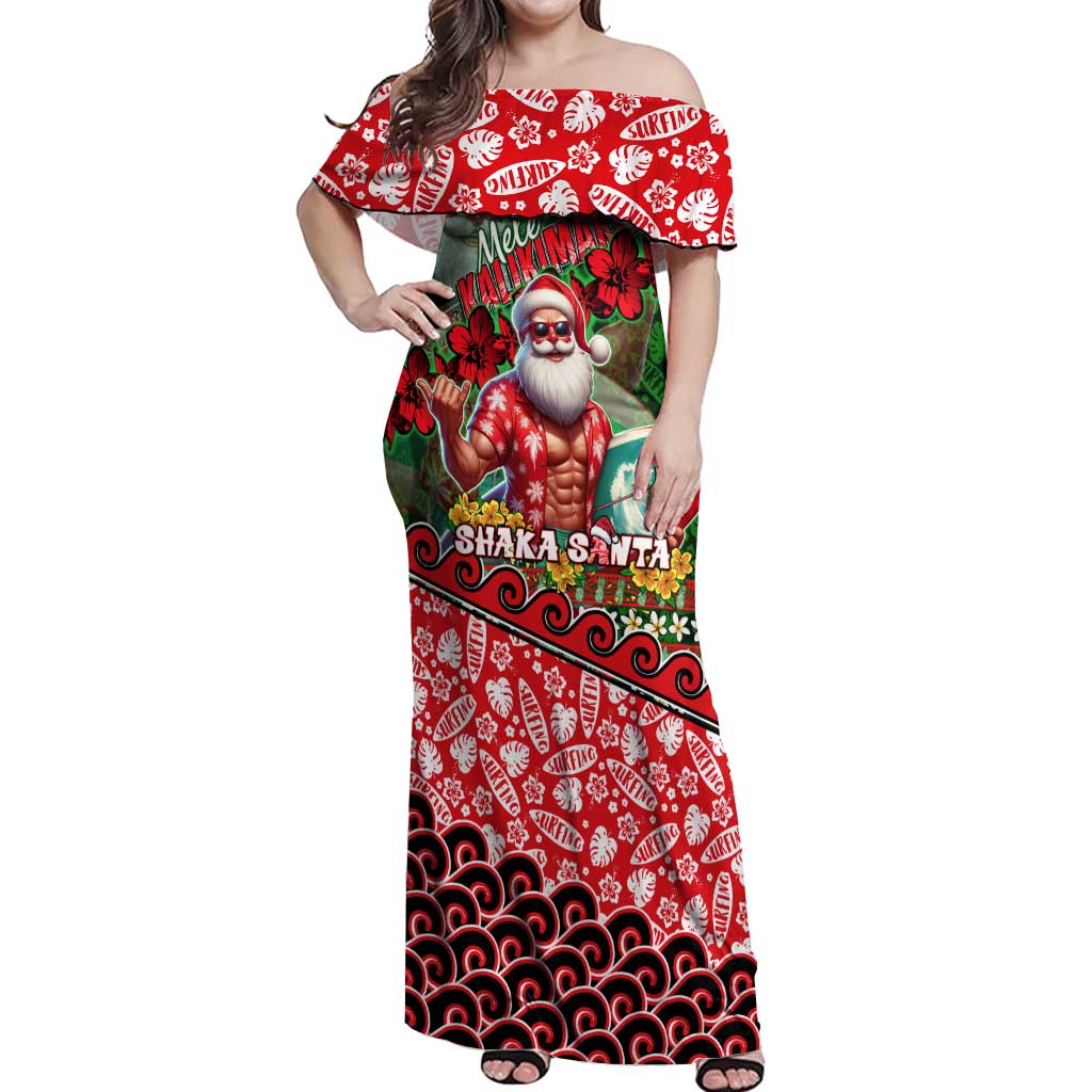 Mele Kalikimaka Shaka Santa Off Shoulder Maxi Dress Hawaiian Surf Christmas Design with Aloha Spirit - Polynesian Pride