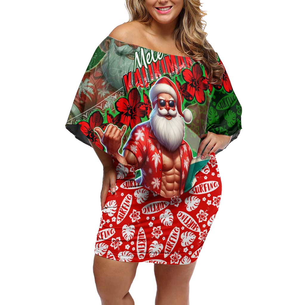 Mele Kalikimaka Shaka Santa Off Shoulder Short Dress Hawaiian Surf Christmas Design with Aloha Spirit - Polynesian Pride