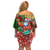 Mele Kalikimaka Shaka Santa Off Shoulder Short Dress Hawaiian Surf Christmas Design with Aloha Spirit - Polynesian Pride