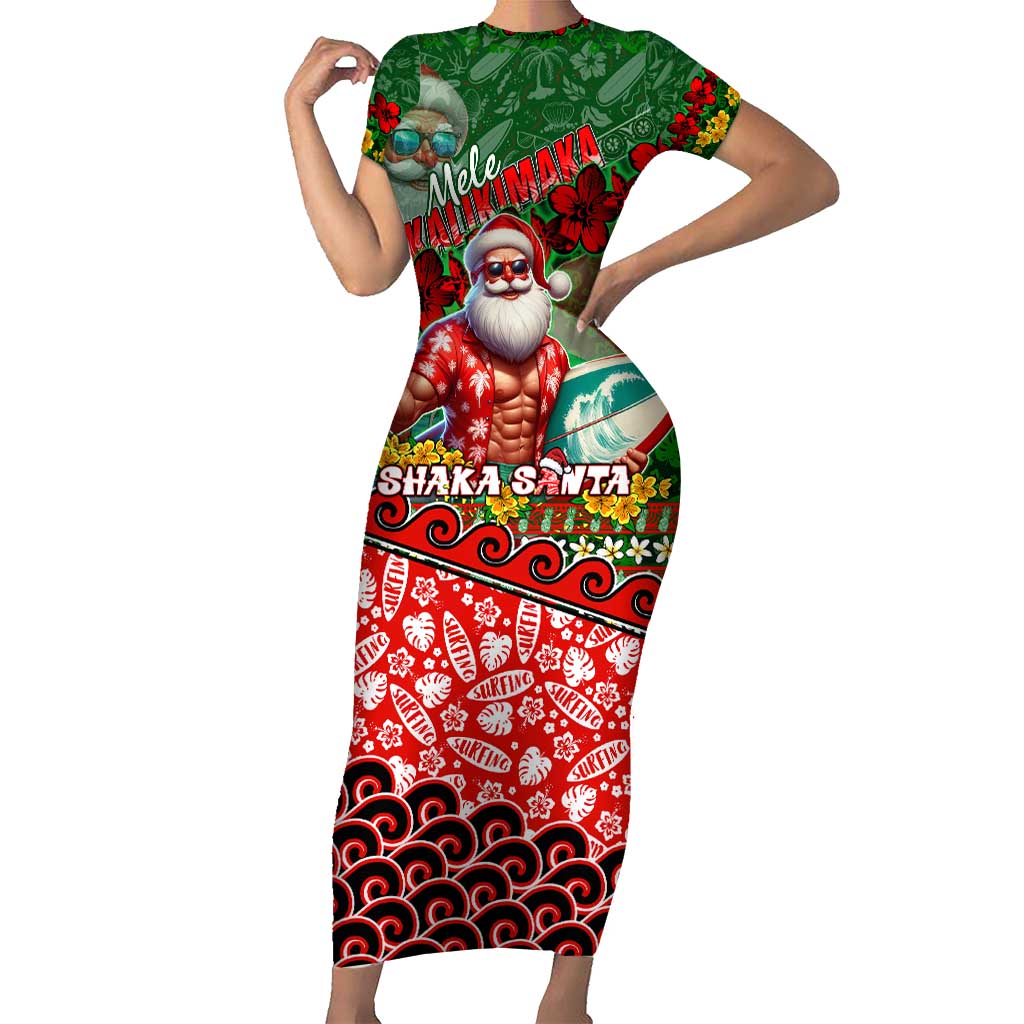 Mele Kalikimaka Shaka Santa Short Sleeve Bodycon Dress Hawaiian Surf Christmas Design with Aloha Spirit DT02 Long Dress Green - Polynesian Pride