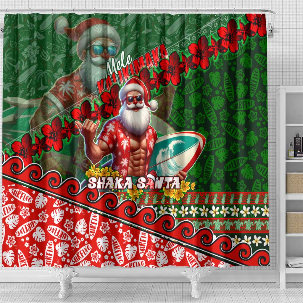 Mele Kalikimaka Shaka Santa Shower Curtain Hawaiian Surf Christmas Design with Aloha Spirit - Polynesian Pride