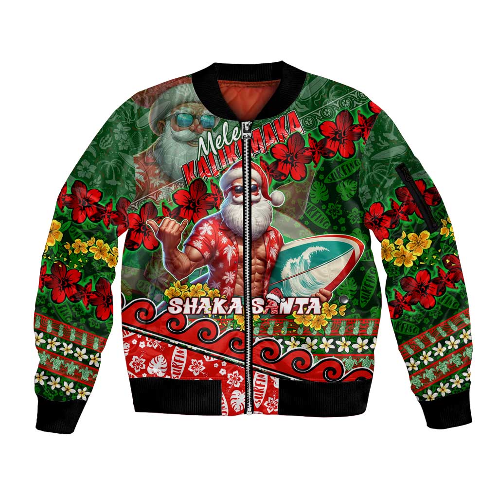 Mele Kalikimaka Shaka Santa Sleeve Zip Bomber Jacket Hawaiian Surf Christmas Design with Aloha Spirit - Polynesian Pride